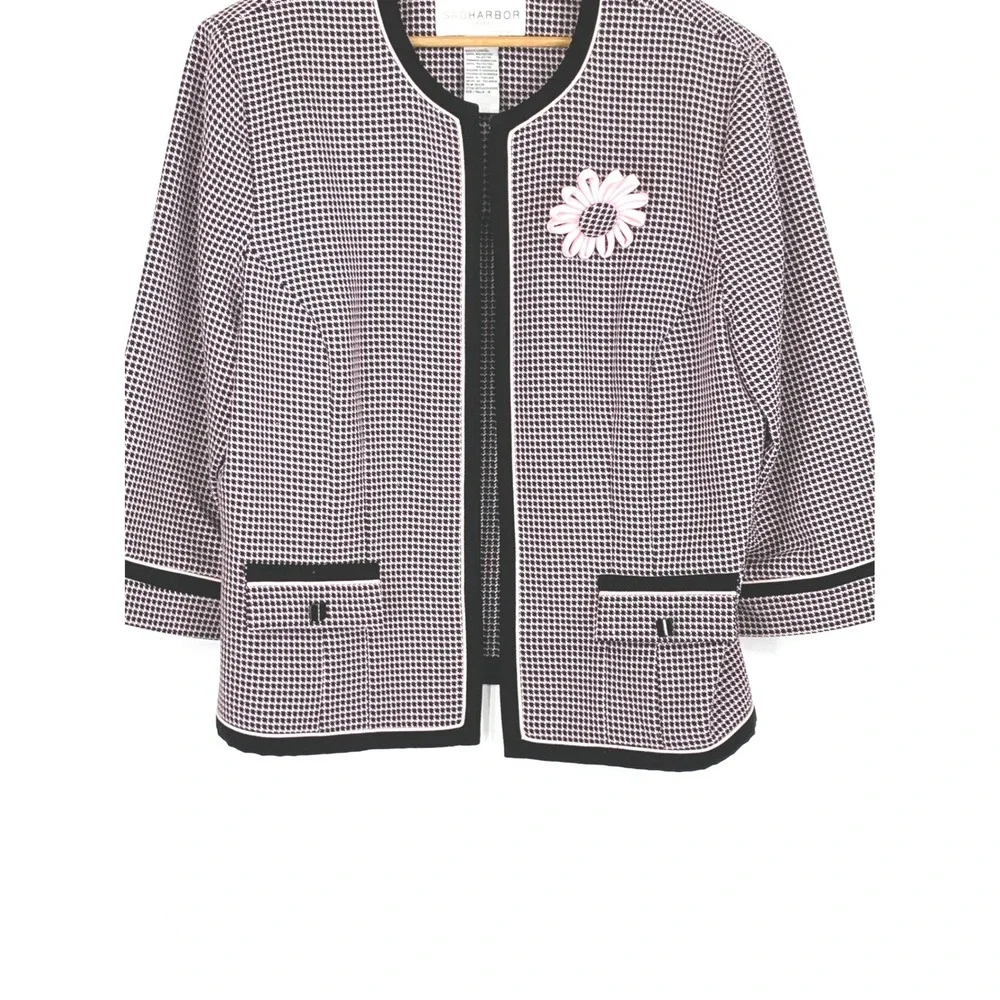 Sag Harbor Womens Jacket 16 Open Front Pink Houndstooth Flower Accent Retro